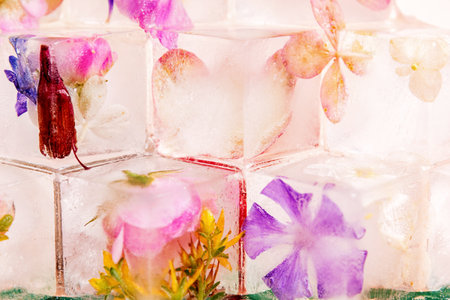 Detailed view of colorful flowers frozen in ice cubes. The flowers are beautifully preserved, and the ice adds a unique and ethereal qualityの写真素材