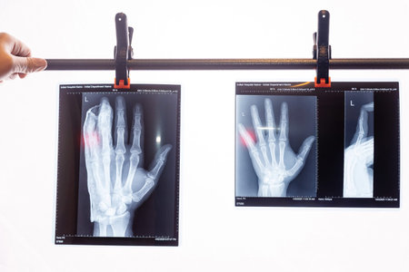Medical X-ray of hands revealing bone structure and potential issues. Essential for healthcare,...