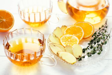 tea with lemon and ginger is a natural remedy for the prevention and treatment of viral diseases and colds.の写真素材