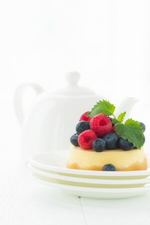 Easy and healthy dessert - cheesecake without sugar with fresh berries. Vitamins and taste enjoyment.の写真素材