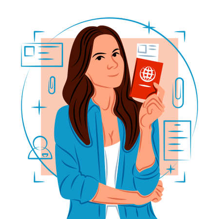 Vector girl holding passport in shadow of sharp lines styleのイラスト素材