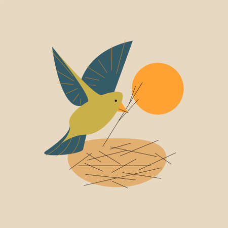 Vector bird with branch in outline style. Digital artのイラスト素材