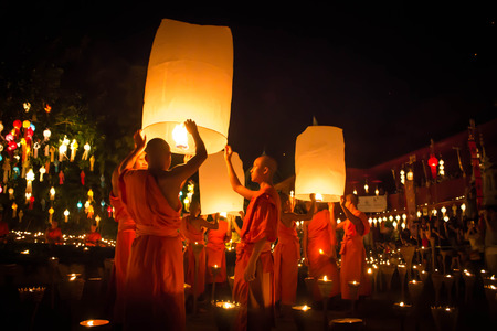 Lantern festival and monk at chiamg mai thailandのeditorial素材