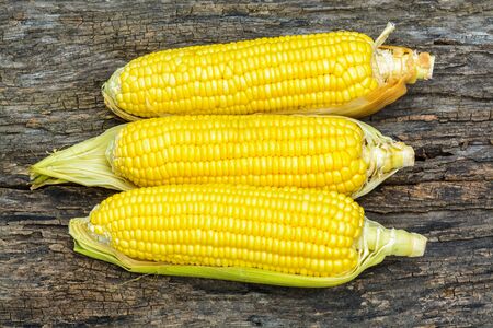 Corns on a brown wooden background.