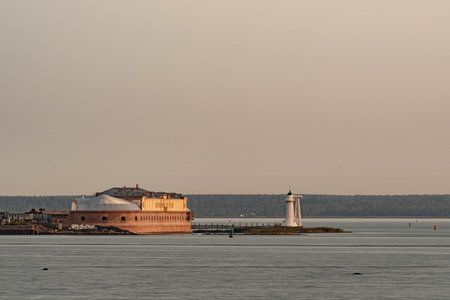 Nikolaevsky Lighthouse in Kronstadt, Gulf of Finland , Baltic Seaの写真素材
