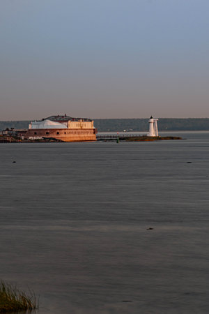 Nikolaevsky Lighthouse in Kronstadt, Gulf of Finland , Baltic Seaの写真素材