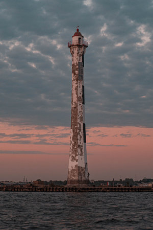 Rear Lighthouse of the Sea Canal in Kronstadt at Sunsetの写真素材