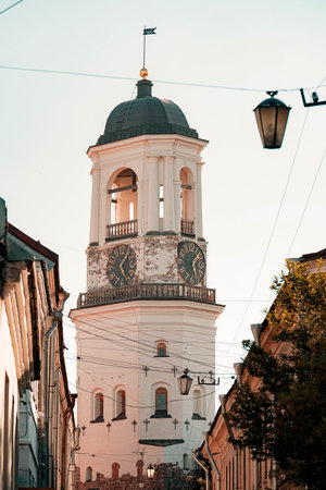 Clock Tower and Cobblestone Street in Vyborgの写真素材