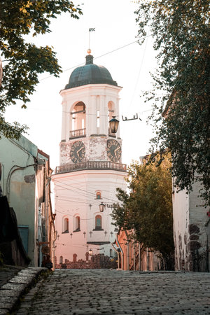 Clock Tower and Cobblestone Street in Vyborgの写真素材