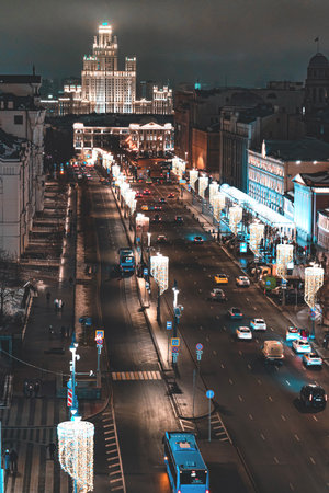 Moscow Lubyanka Square at Night with Christmas Lights and Festive Street Illuminationの写真素材
