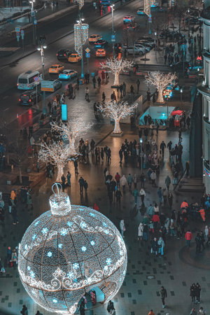 Moscow Lubyanka Square at Night with Christmas Lights and Festive Street Illuminationの写真素材