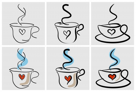 Six stylized cups of coffee with heartのイラスト素材