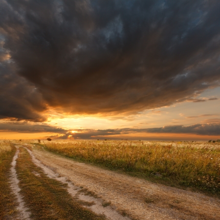 Beautiful view of the sunset in a field on a rural road の写真素材