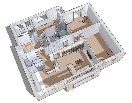 3d apartment sketch on a white background in linesの写真素材