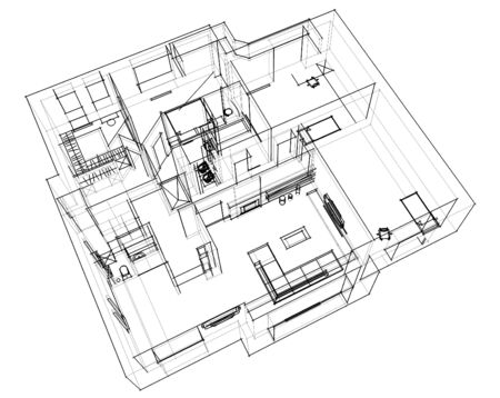 3d apartment sketch on a white background in linesの写真素材