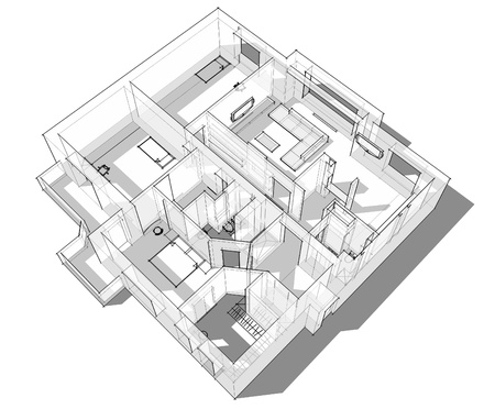 3d apartment sketch on a white background in linesの写真素材