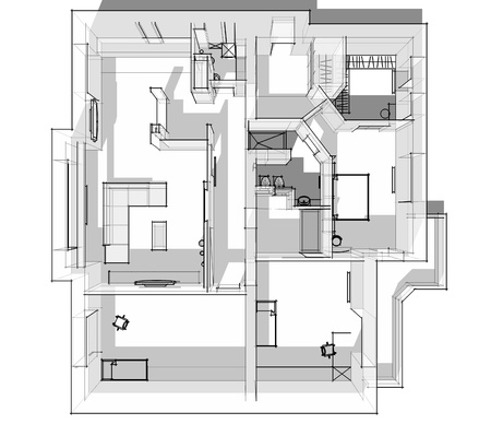 3d apartment sketch on a white background in linesの写真素材
