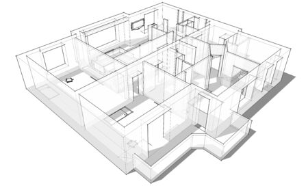 3d apartment sketch on a white background in linesの写真素材