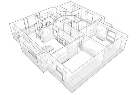 3d apartment sketch on a white background in linesの写真素材