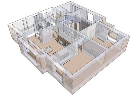 3d apartment sketch on a white background in linesの写真素材