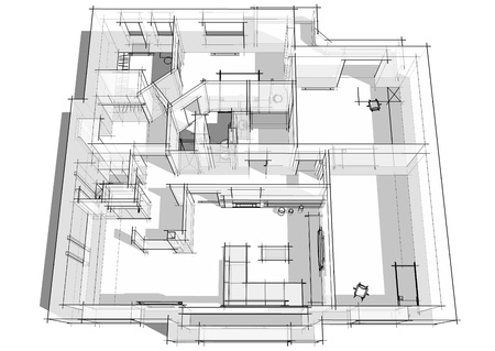 3d apartment sketch on a white background in linesの写真素材