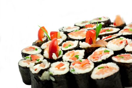 Sushi on a white background at an angleの写真素材