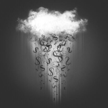 Dollar sign falls from the clouds on a gray backgroundの写真素材