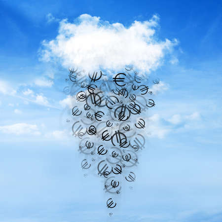 Euro sign falls from the clouds on a beautiful sky backgroundの写真素材