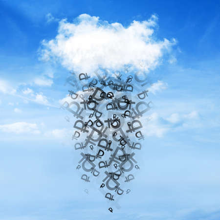 Sign of the ruble falls from the clouds on a beautiful sky backgroundの写真素材