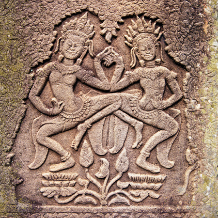 Ancient stone relief in Angkor Wat, Cambodia