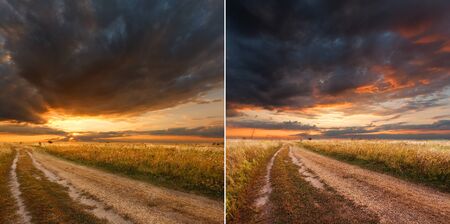 Beautiful landscape. Evening sunset in the field. Set of 2 pictures of the landscape.の写真素材