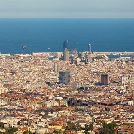 Panoramic view of Barcelona in the sunset time. Barcelona in the summer evening. Spain.