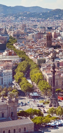 Ramblas pedestrian street in the center of Barcelona. Landmark of Barcelona. Airview on the Rambla.の写真素材
