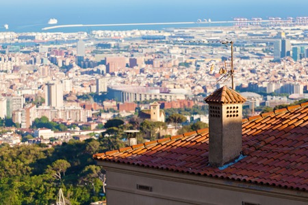 Panoramic view of Barcelona in the sunset time. Barcelona in the summer evening. Spain.のeditorial素材