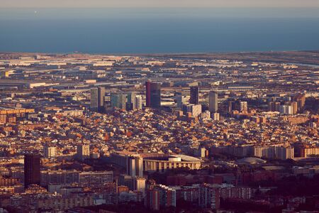 Panoramic view of Barcelona in the sunset time. Barcelona in the summer evening. Spain.のeditorial素材