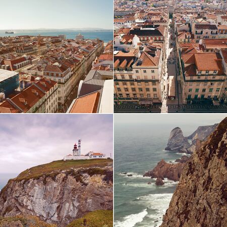 View of the lighthouse and cliff to the ocean, Cabo da Roca, Sintra, Portugalの写真素材