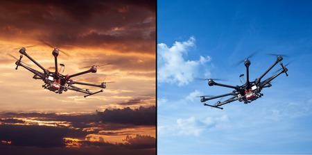 Copter flight against the blue sky. RC aerial drone.