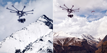 Copter flying over mountainous terrain. Copter shooting carries over mountainous terrain. RC copter on the background of beautiful mountains. Copter flying over the mountains.の写真素材