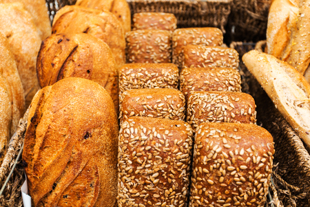 Bread counter with a large assortment of fragrant fresh bakery products to the Mahane Yehuda Market...