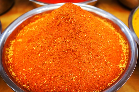 Close-up of different spices in bowls to prepare delicious food. The counter on the Mahane Yehuda Market in Jerusalem, Israel.の写真素材
