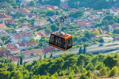 Cabin of cableway going up to the mountain near Dubrovnik. Croatia.の写真素材