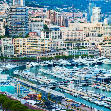 Cityscape of La Condamine and Port Hercule, Monaco-Ville, The Kingdom of Monaco. Cote d'Azurの写真素材