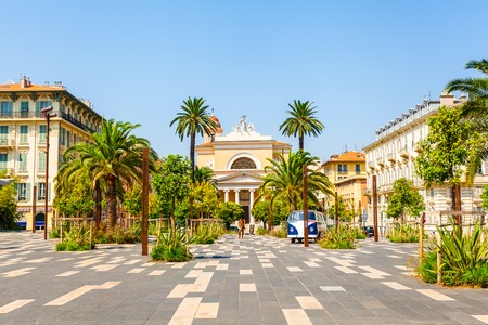 NICE, FRANCE - AUGUST 28, 2016: Square of Voeu, church of st. John the Baptist, Esplanade de la-Burgada, Nice Franceのeditorial素材