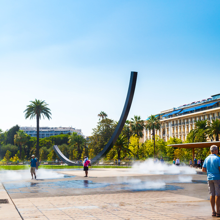 NICE, FRANCE - AUGUST 28, 2016: Place Massena in Nice, France. The place is the most famous of the city because of its beauty, shopping options and the carnival.のeditorial素材