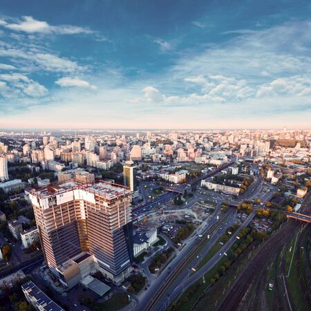 Aerial view of Kiev city. Ukraine at sunset. Outdoor.
