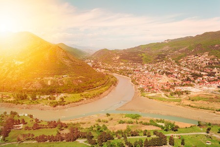 Panorama of Mtskheta from Monastery Jvari. Georgia.の写真素材