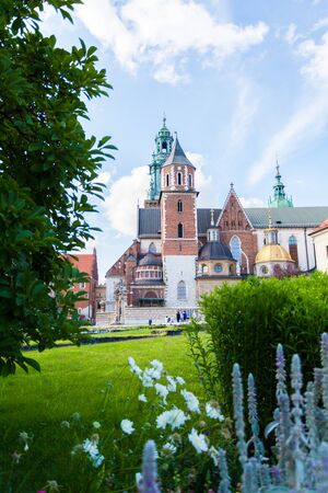 View of Wawel castle and Cathedral with garden, Cracow, Polandの写真素材