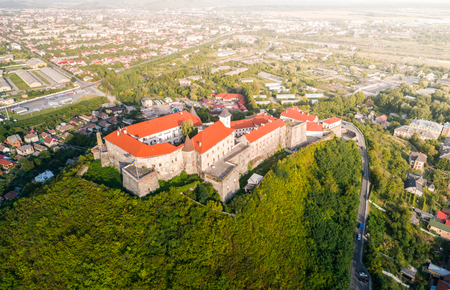 Aerial view of Palanok Castle, located on a hill in Mukacheve, Ukraineの写真素材