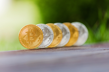 Gold and silver crypto currency bitcoin against the background of green grassの写真素材