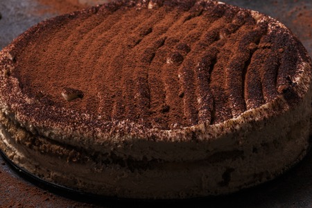 Italian dessert tiramisu on a dark background
